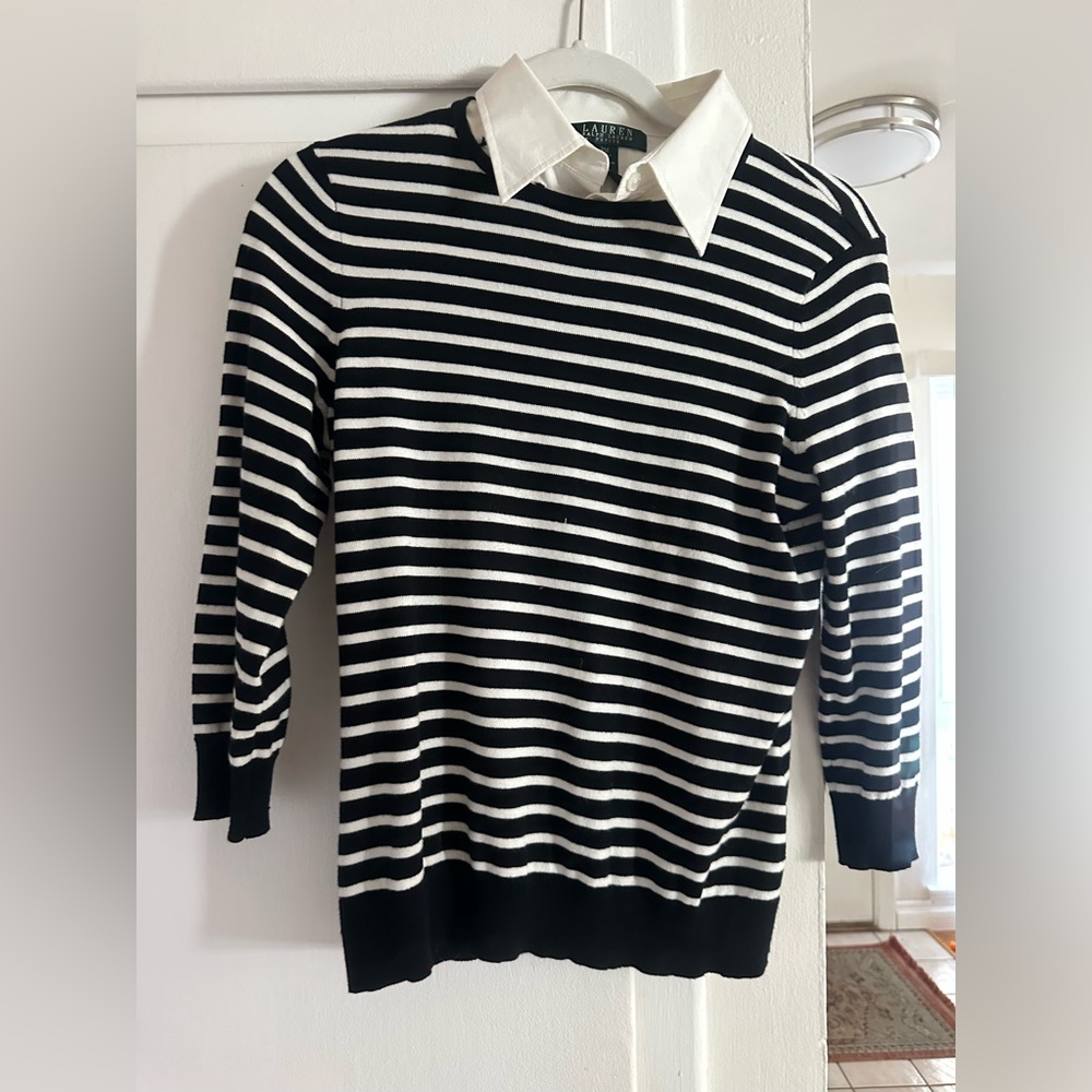 Ralph Lauren Collared Knit Sweater Black White Size MP Preppy Classic Top